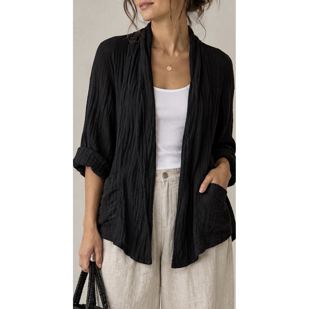 Nati Made in Italy Black Linen Cotton Open Front Cardigan Jacket M/L Lagenlook
